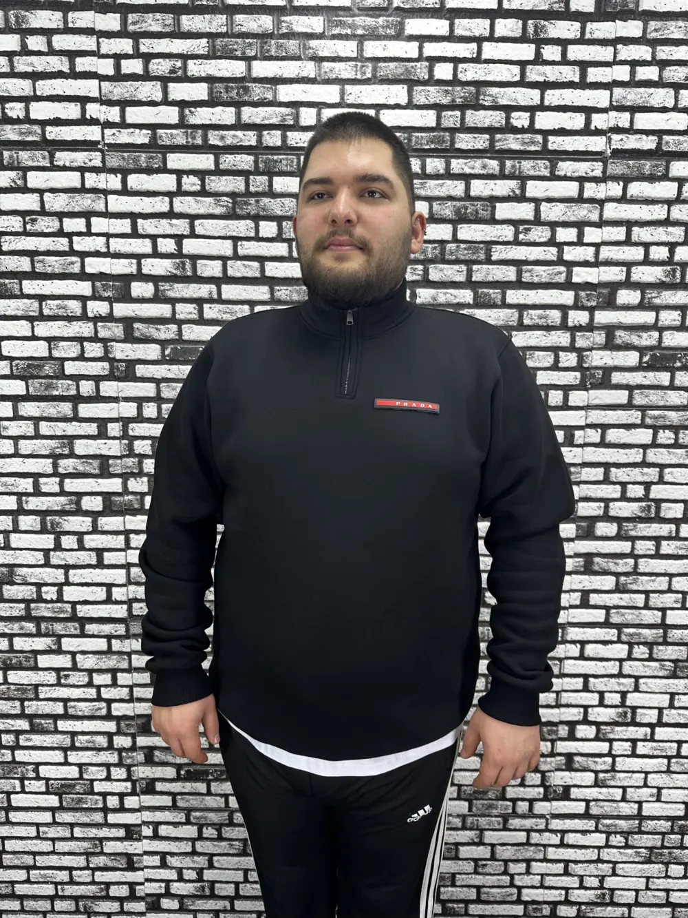 3 İplik Şardonlu Erkek Büyük Beden Yarım Fermuarlı Sweat Dikiş Amblem
