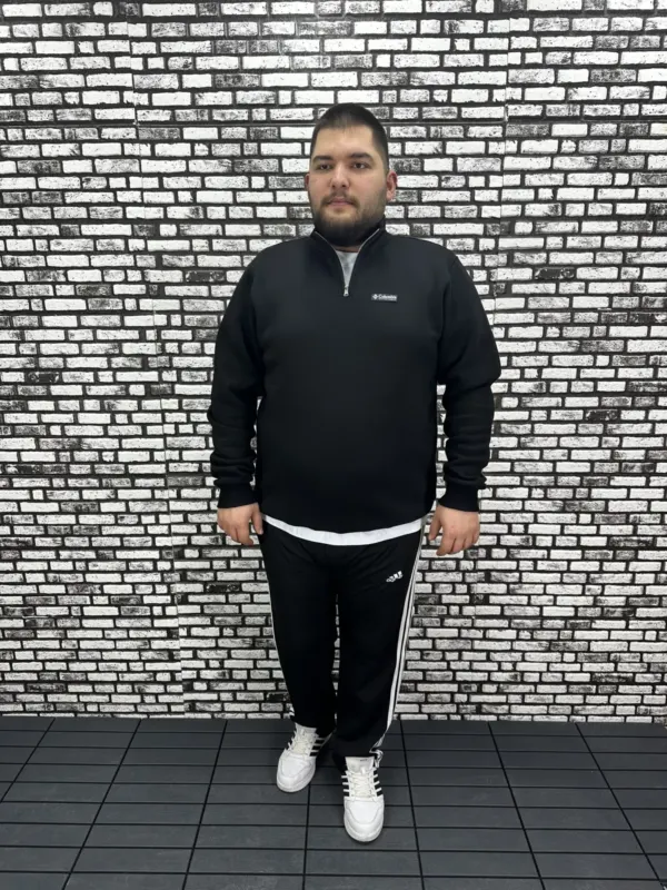 3 İplik Şardonlu Erkek Büyük Beden Yarım Fermuarlı Sweat Dikiş Amblem