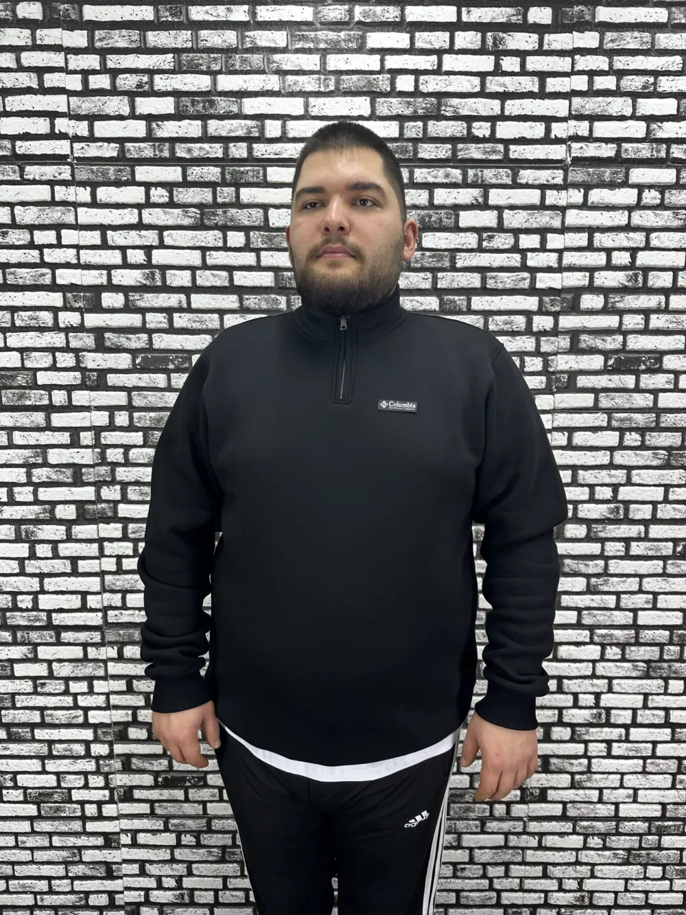 3 İplik Şardonlu Erkek Büyük Beden Yarım Fermuarlı Sweat Dikiş Amblem