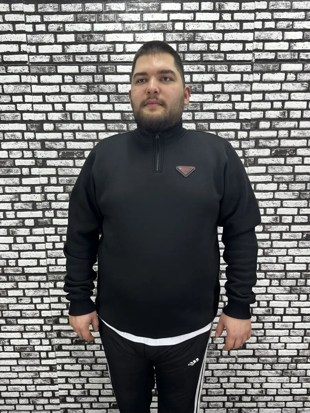 3 İplik Şardonlu Erkek Büyük Beden Yarım Fermuarlı Sweat Dikiş Amblem