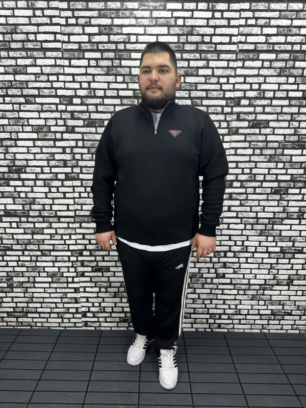 3 İplik Şardonlu Erkek Büyük Beden Yarım Fermuarlı Sweat Dikiş Amblem