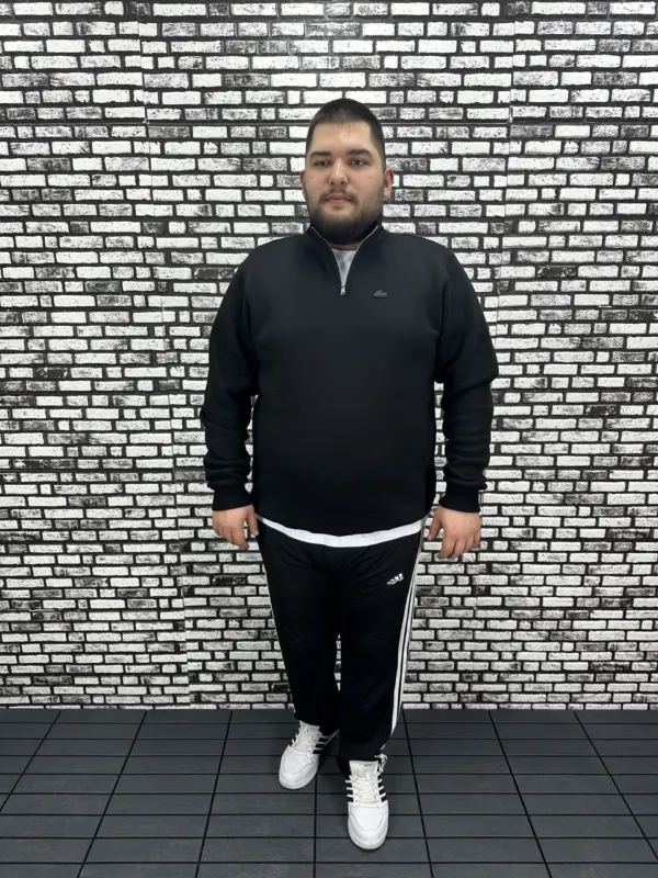 3 İplik Şardonlu Erkek Büyük Beden Yarım Fermuarlı Sweat Koyu Dikiş Amblem