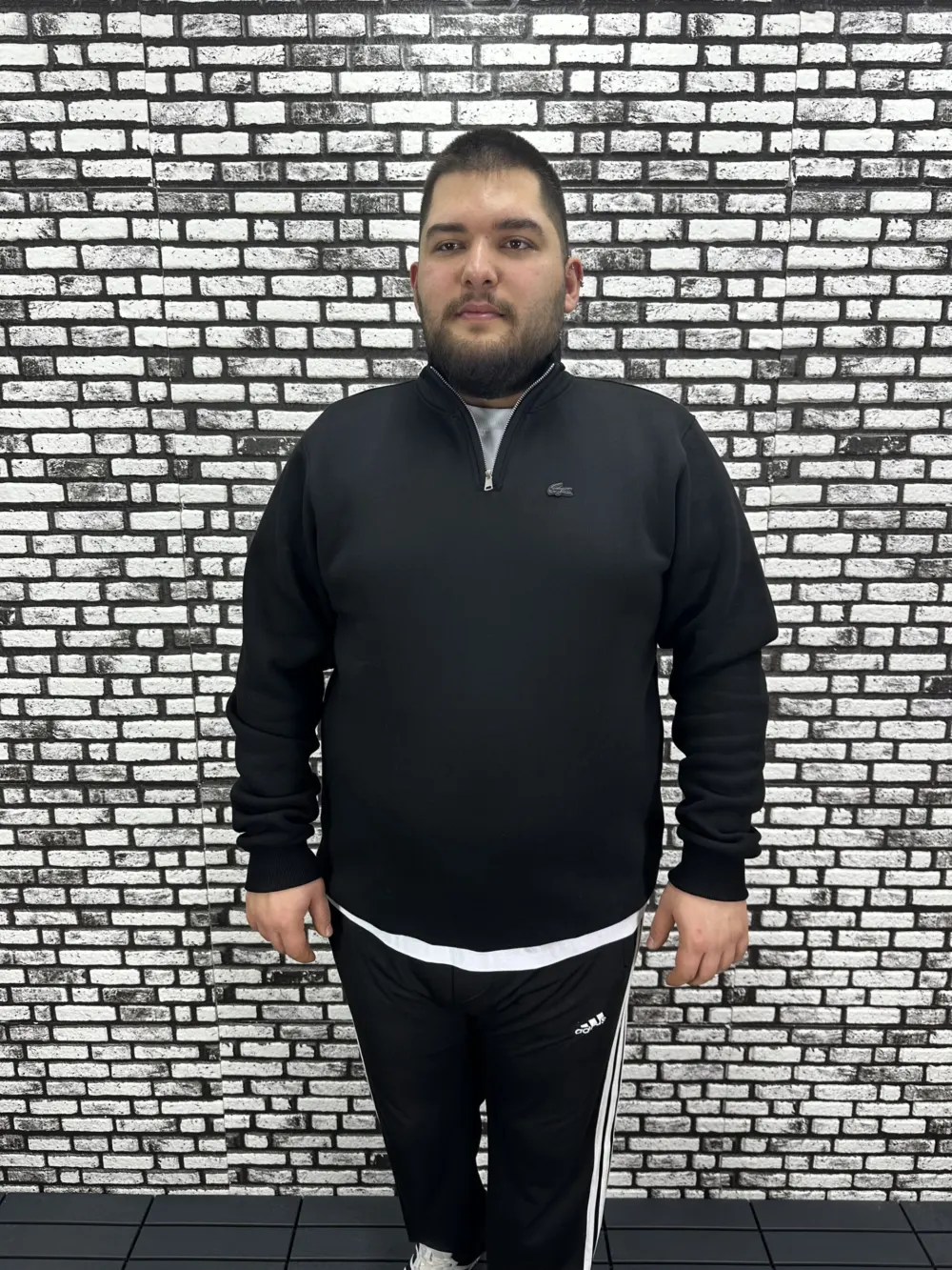 3 İplik Şardonlu Erkek Büyük Beden Yarım Fermuarlı Sweat Koyu Dikiş Amblem