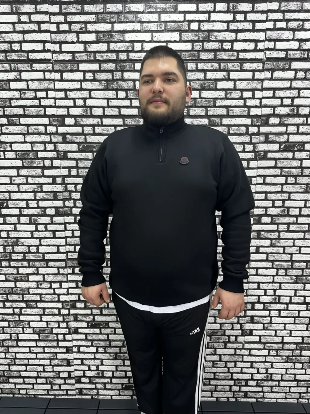 3 İplik Şardonlu Erkek Büyük Beden Yarım Fermuarlı Sweat Dikiş Amblem