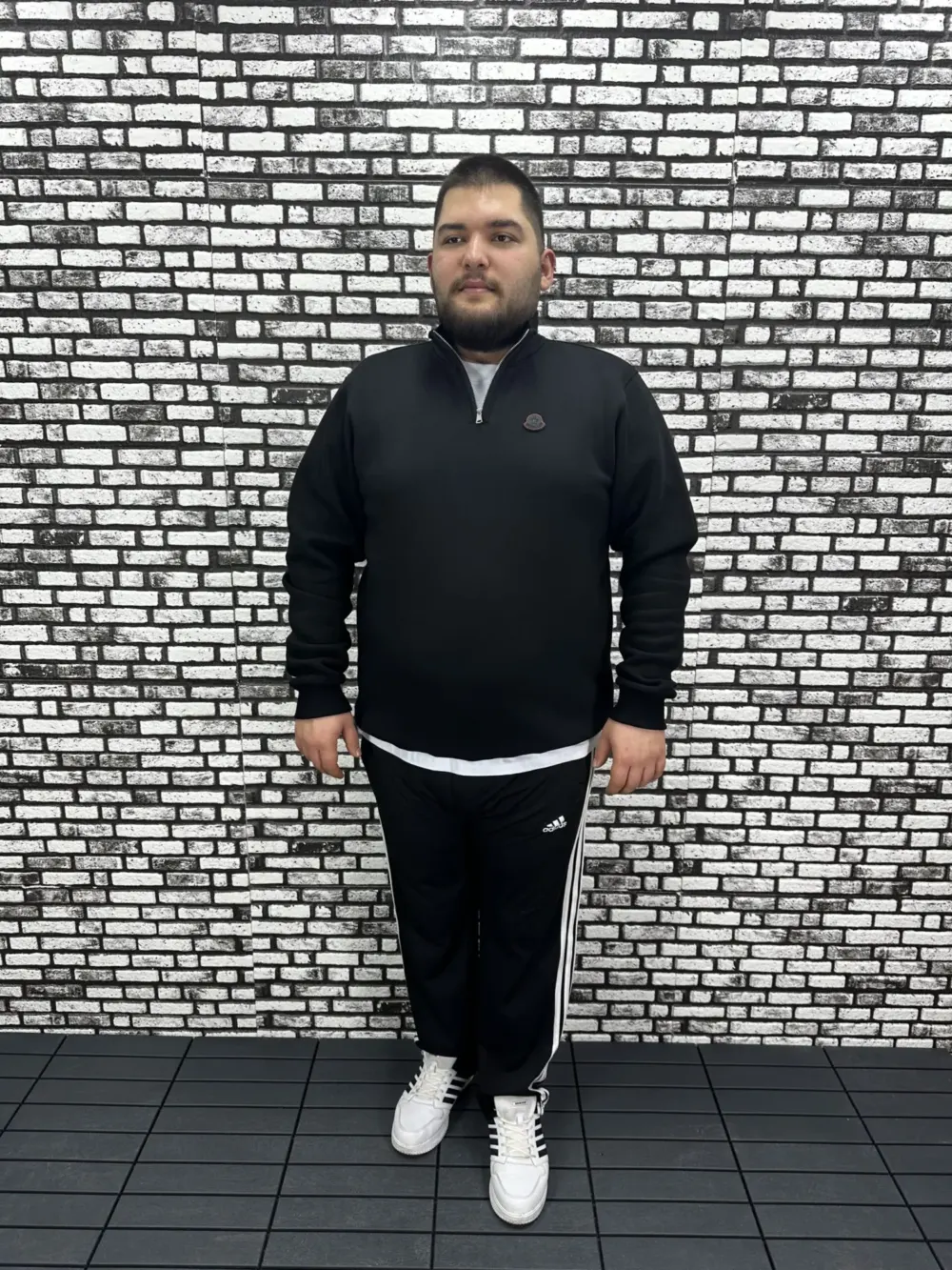 3 İplik Şardonlu Erkek Büyük Beden Yarım Fermuarlı Sweat Dikiş Amblem
