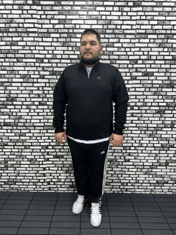 3 İplik Şardonlu Erkek Büyük Beden Yarım Fermuarlı Sweat Dikiş Amblem