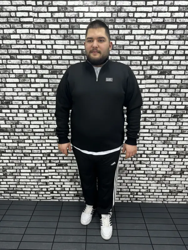 3 İplik Şardonlu Erkek Büyük Beden Yarım Fermuarlı Sweat Dikiş Amblem
