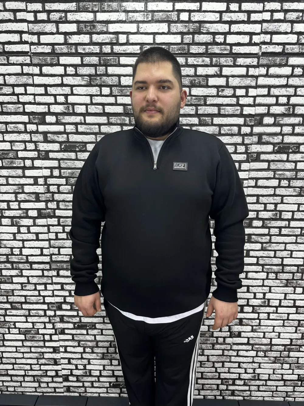 3 İplik Şardonlu Erkek Büyük Beden Yarım Fermuarlı Sweat Dikiş Amblem