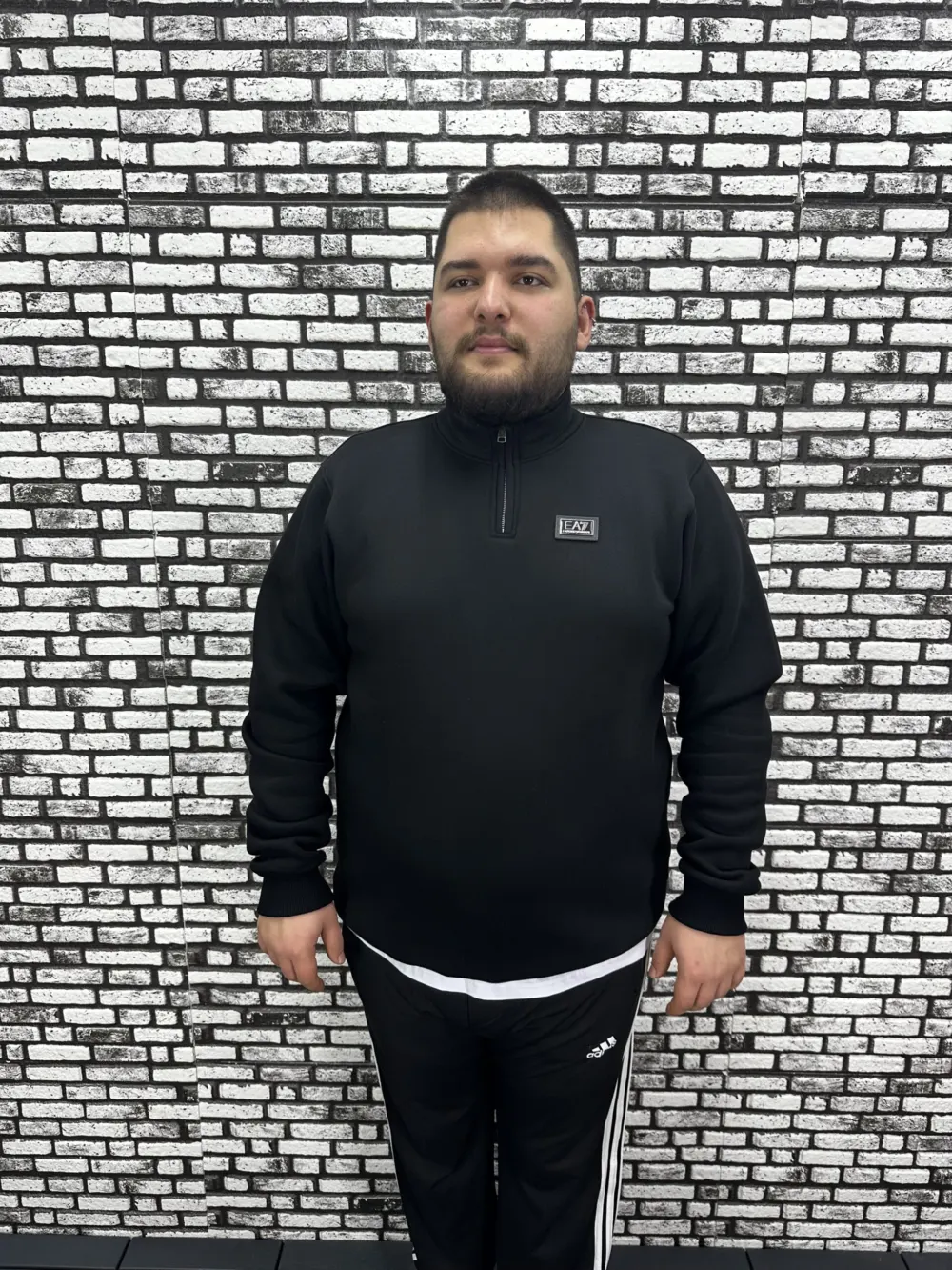 3 İplik Şardonlu Erkek Büyük Beden Yarım Fermuarlı Sweat Dikiş Amblem
