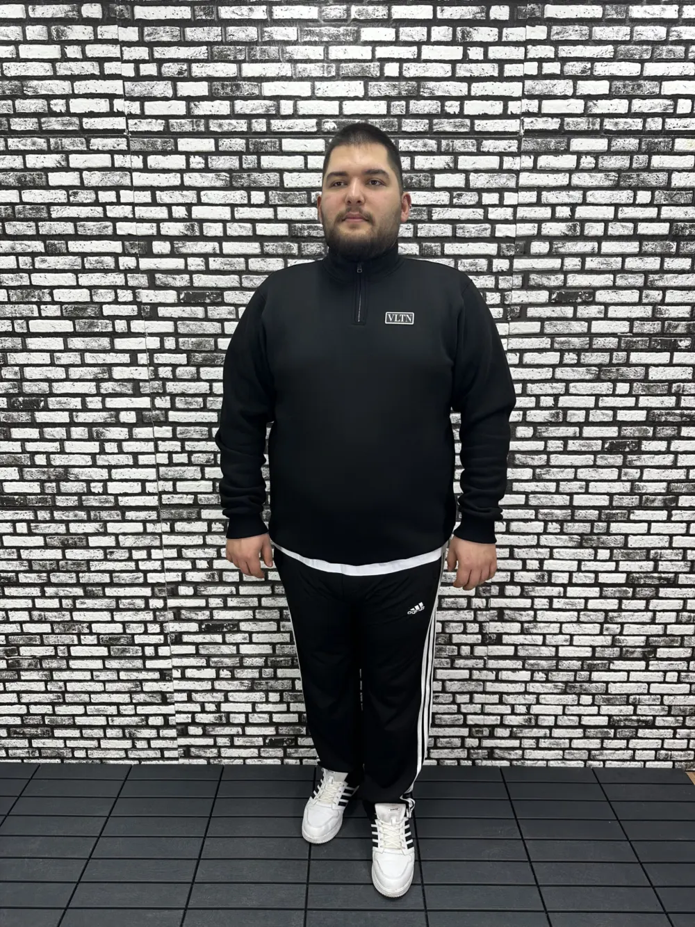 3 İplik Şardonlu Erkek Büyük Beden Yarım Fermuarlı Sweat Dikiş Amblem