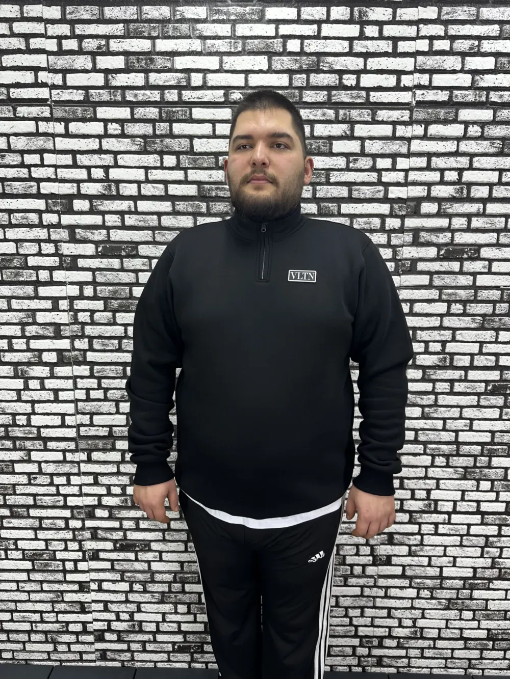 3 İplik Şardonlu Erkek Büyük Beden Yarım Fermuarlı Sweat Dikiş Amblem