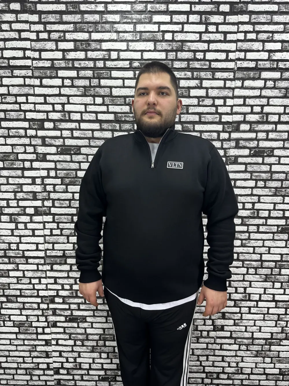 3 İplik Şardonlu Erkek Büyük Beden Yarım Fermuarlı Sweat Dikiş Amblem