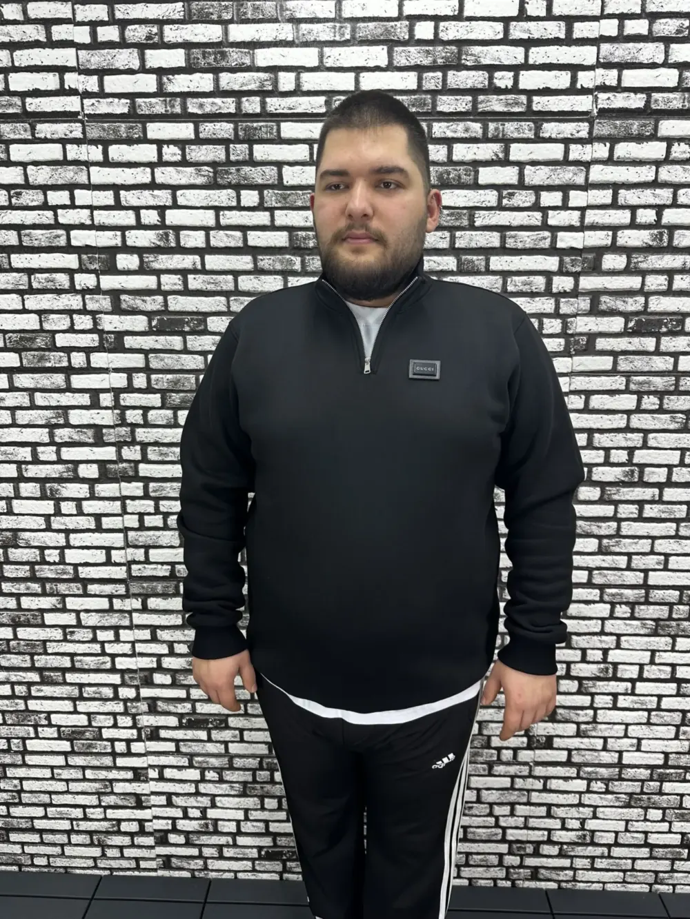 3 İplik Şardonlu Erkek Büyük Beden Yarım Fermuarlı Sweat Dikiş Amblem