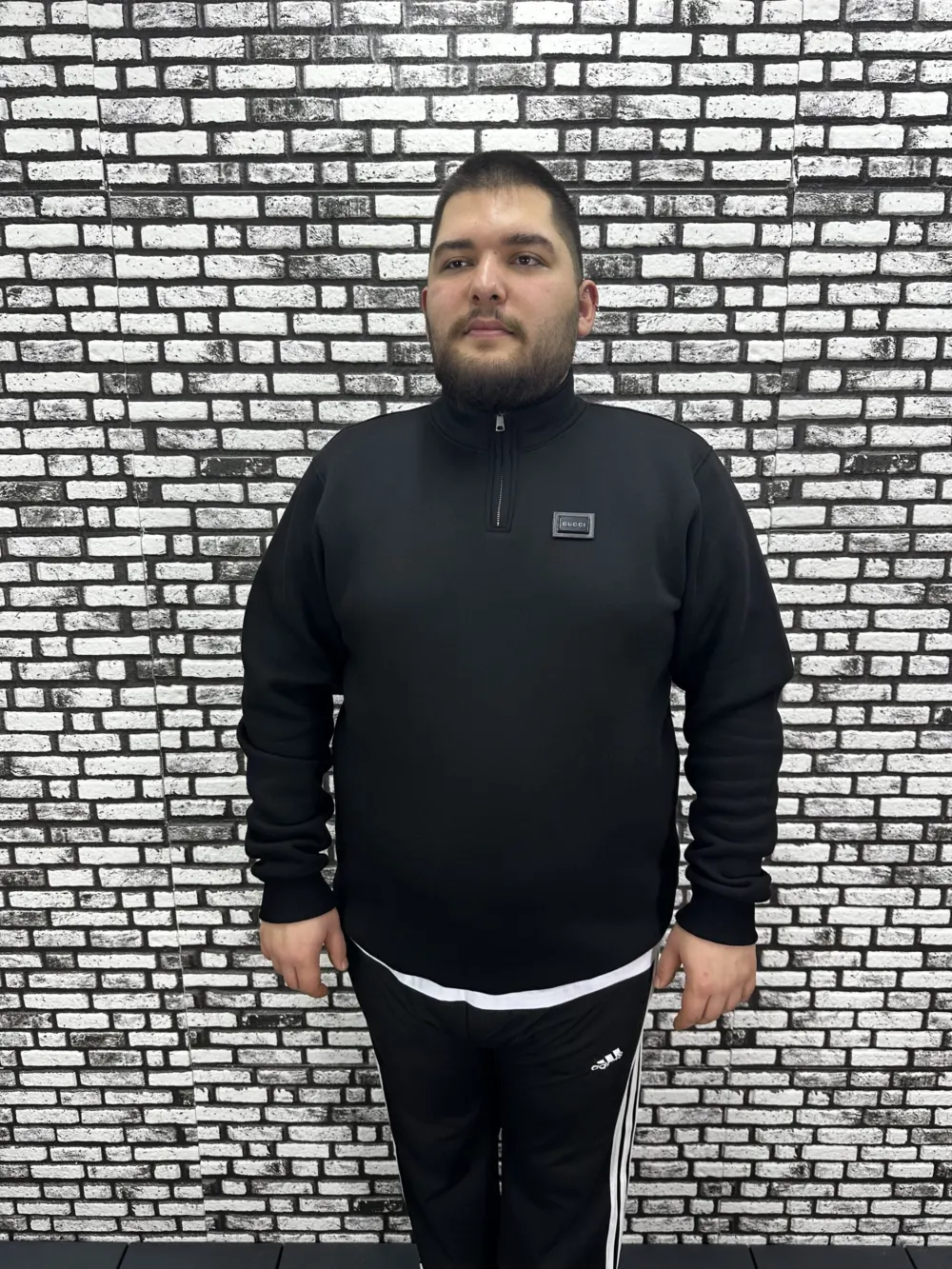 3 İplik Şardonlu Erkek Büyük Beden Yarım Fermuarlı Sweat Dikiş Amblem