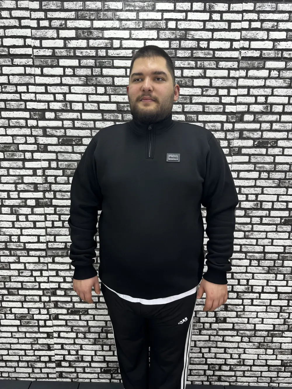 3 İplik Şardonlu Erkek Büyük Beden Yarım Fermuarlı Sweat Dikiş Amblem