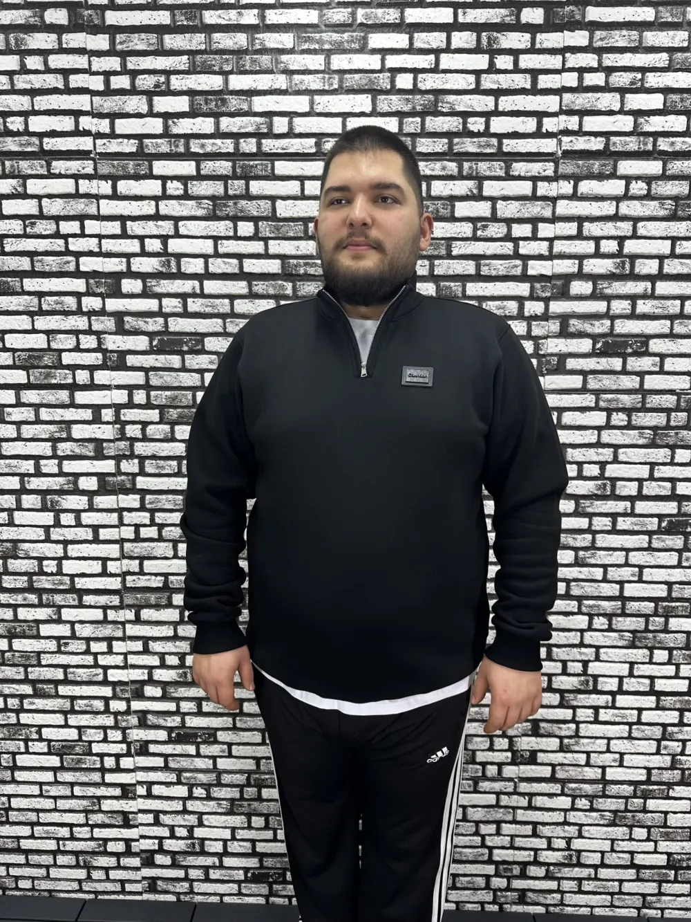 3 İplik Şardonlu Erkek Büyük Beden Yarım Fermuarlı Sweat Dikiş Amblem
