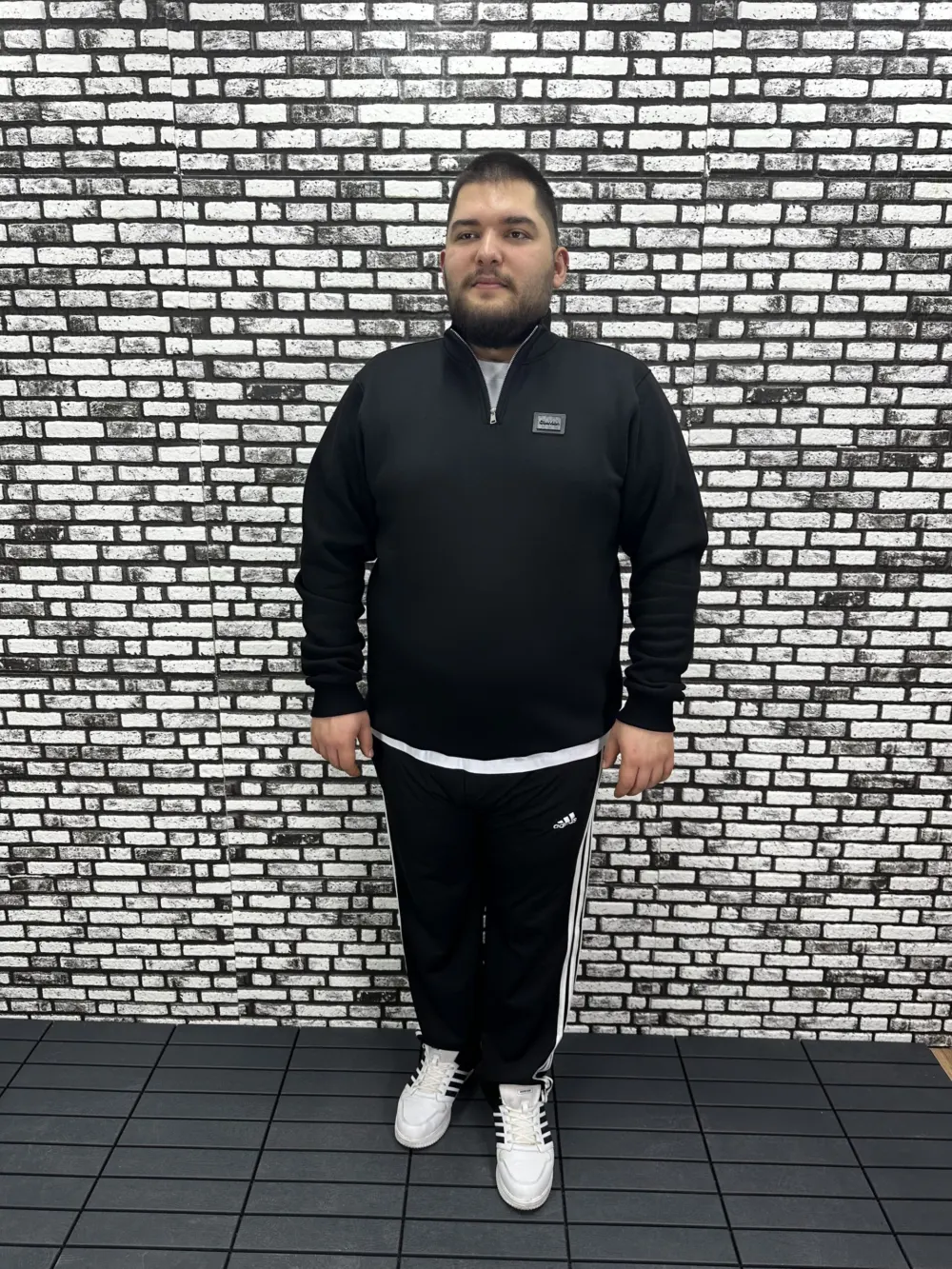 3 İplik Şardonlu Erkek Büyük Beden Yarım Fermuarlı Sweat Dikiş Amblem