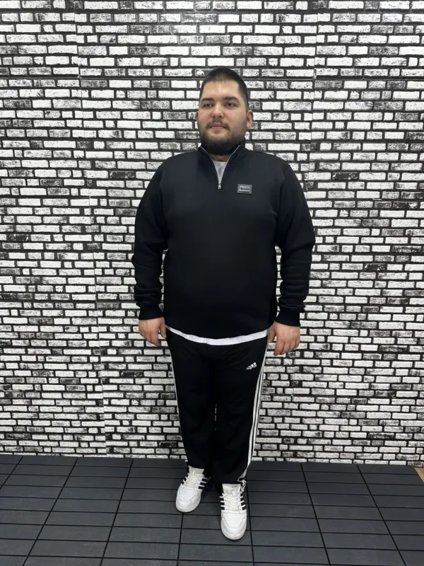 3 İplik Şardonlu Erkek Büyük Beden Yarım Fermuarlı Sweat Dikiş Amblem