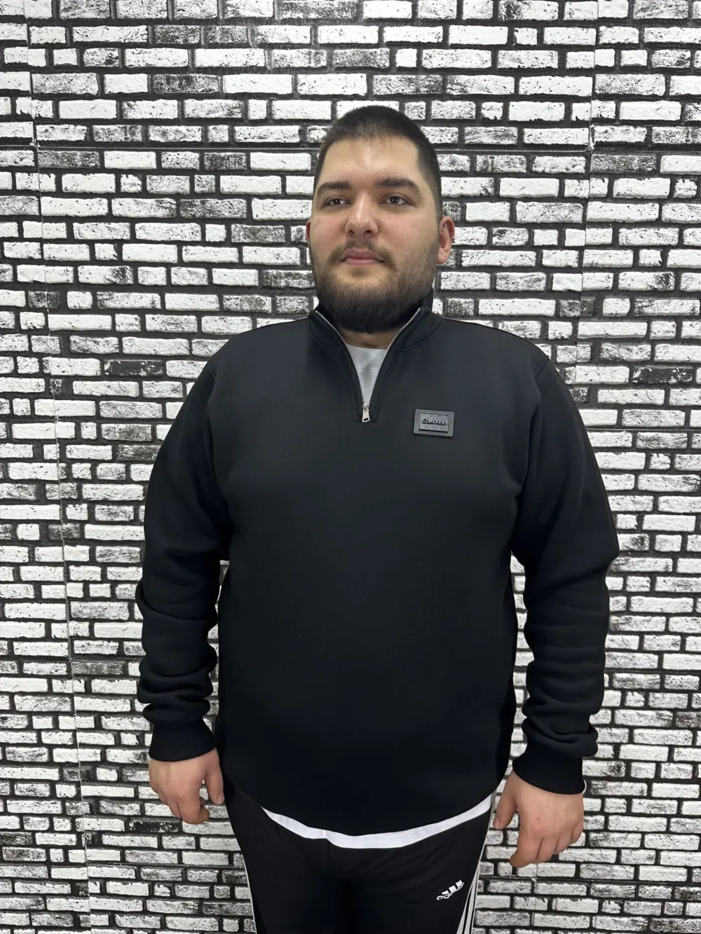 3 İplik Şardonlu Erkek Büyük Beden Yarım Fermuarlı Sweat Dikiş Amblem