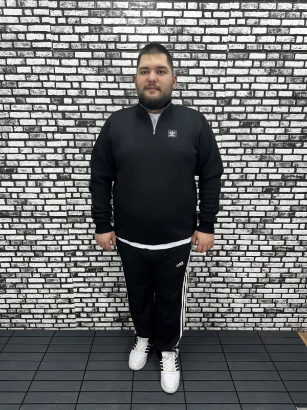 3 İplik Şardonlu Erkek Büyük Beden Yarım Fermuarlı Sweat Dikiş Amblem