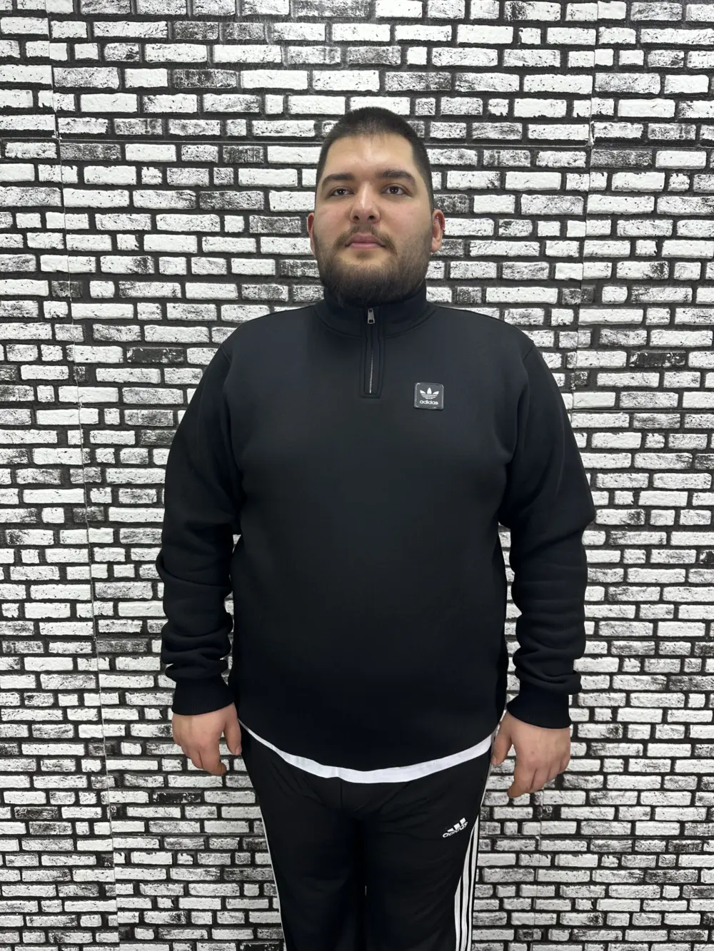 3 İplik Şardonlu Erkek Büyük Beden Yarım Fermuarlı Sweat Dikiş Amblem