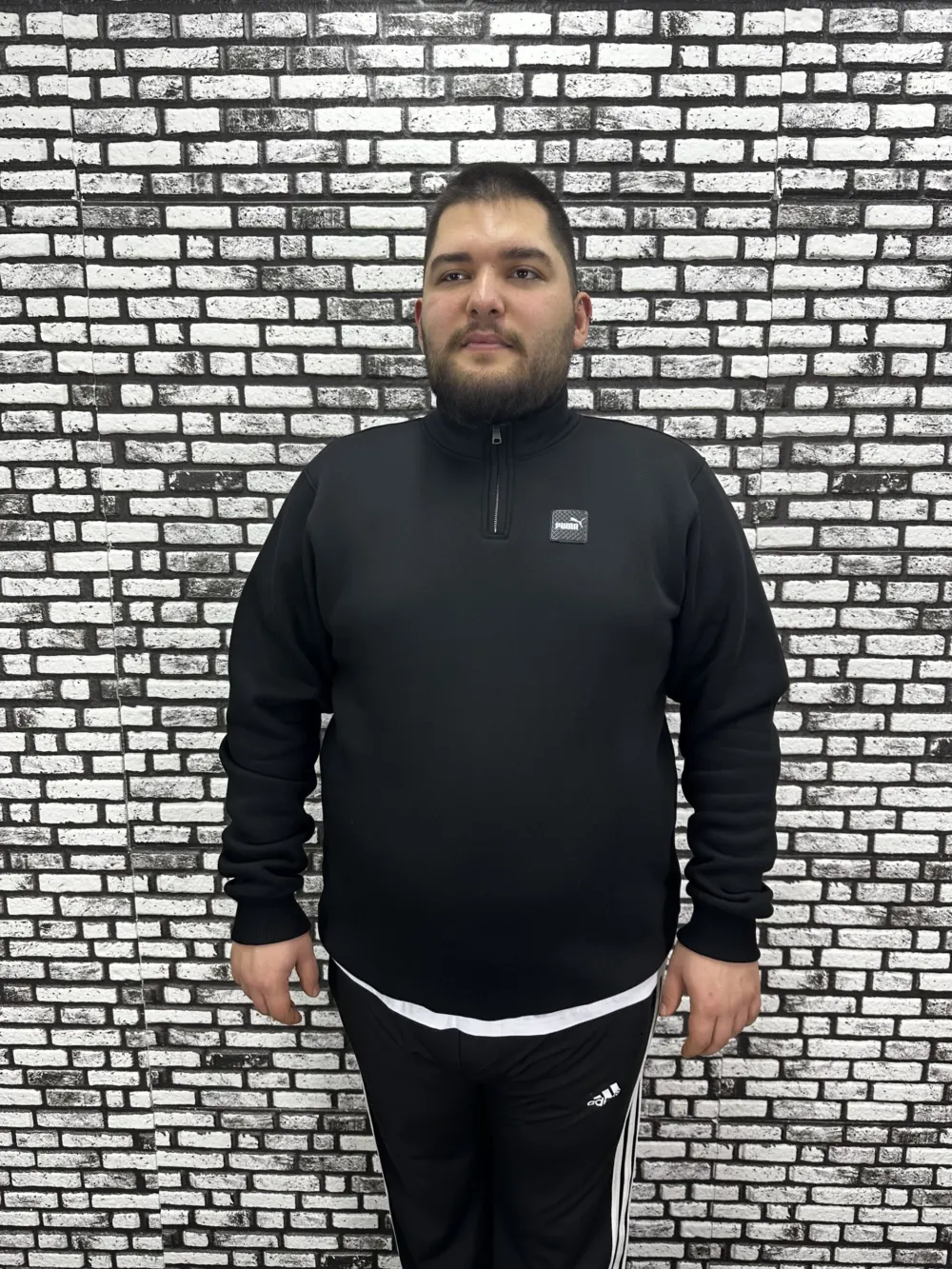 3 İplik Şardonlu Erkek Büyük Beden Yarım Fermuarlı Sweat Dikiş Amblem