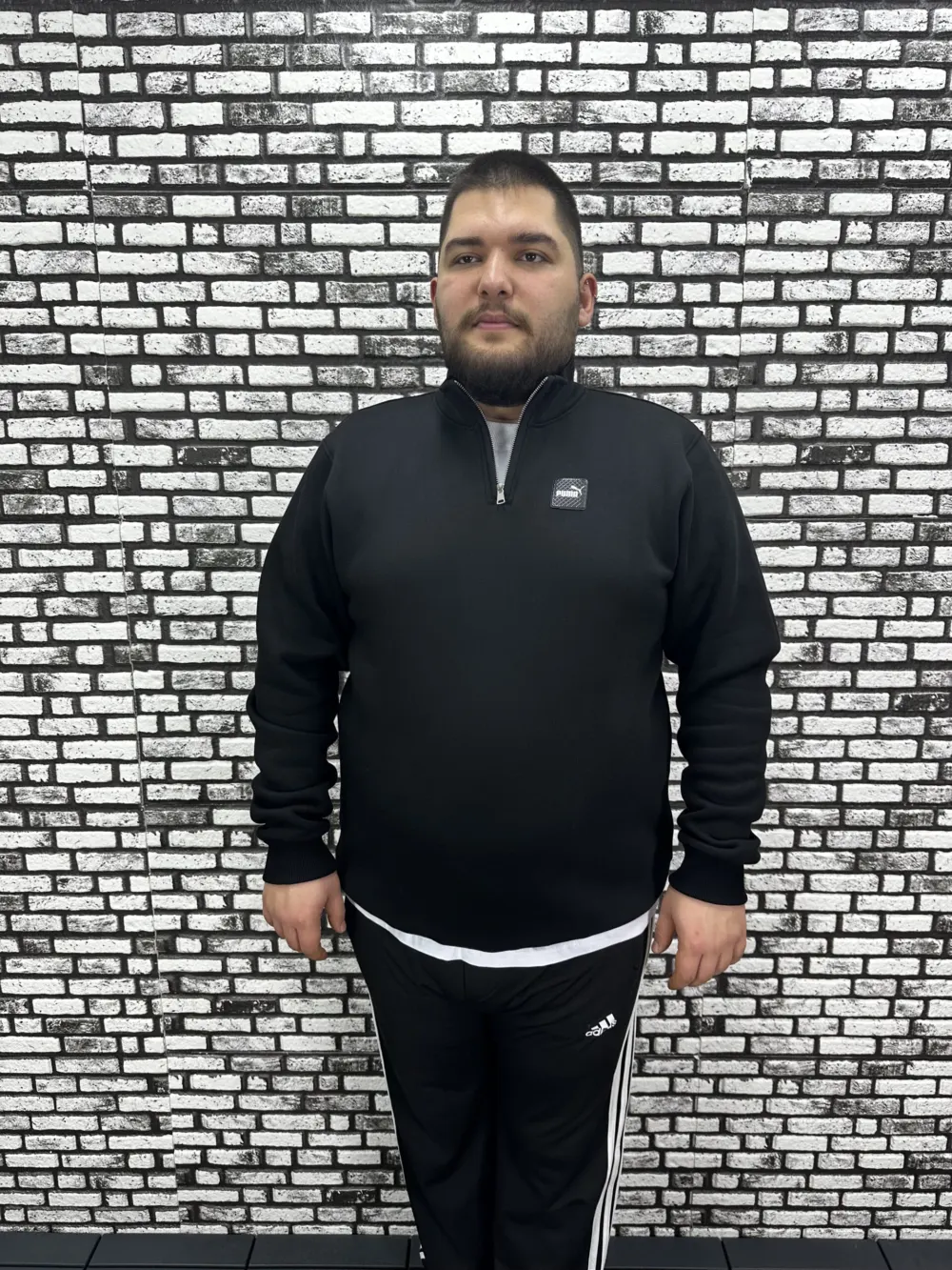 3 İplik Şardonlu Erkek Büyük Beden Yarım Fermuarlı Sweat Dikiş Amblem
