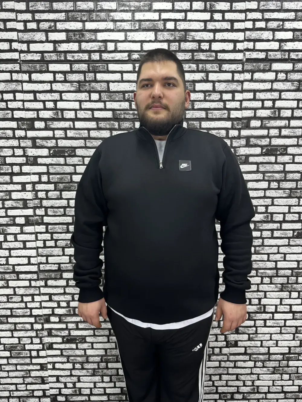 3 İplik Şardonlu Erkek Büyük Beden Yarım Fermuarlı Sweat Dikiş Amblem