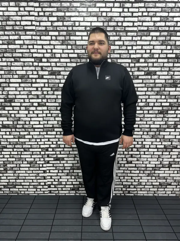 3 İplik Şardonlu Erkek Büyük Beden Yarım Fermuarlı Sweat Dikiş Amblem
