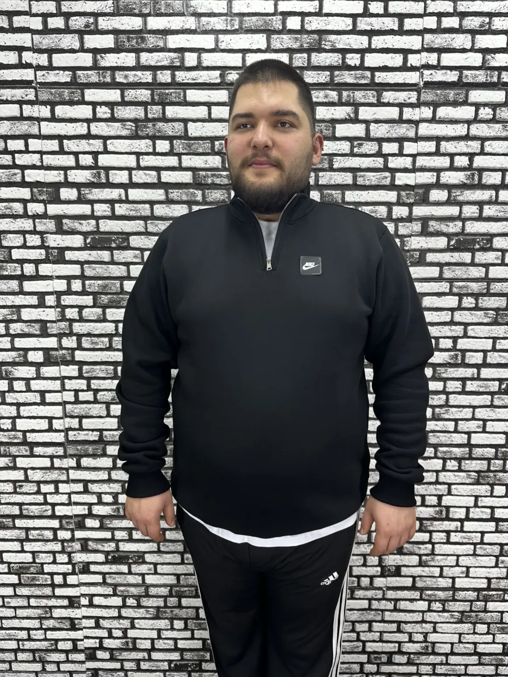 3 İplik Şardonlu Erkek Büyük Beden Yarım Fermuarlı Sweat Dikiş Amblem