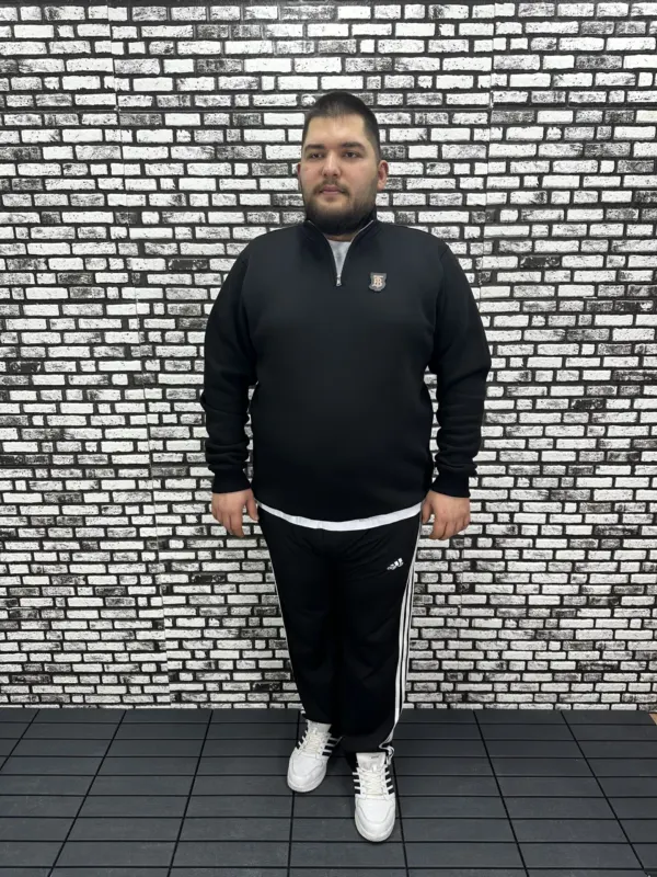 3 İplik Şardonlu Erkek Büyük Beden Yarım Fermuarlı Sweat Dikiş Amblem