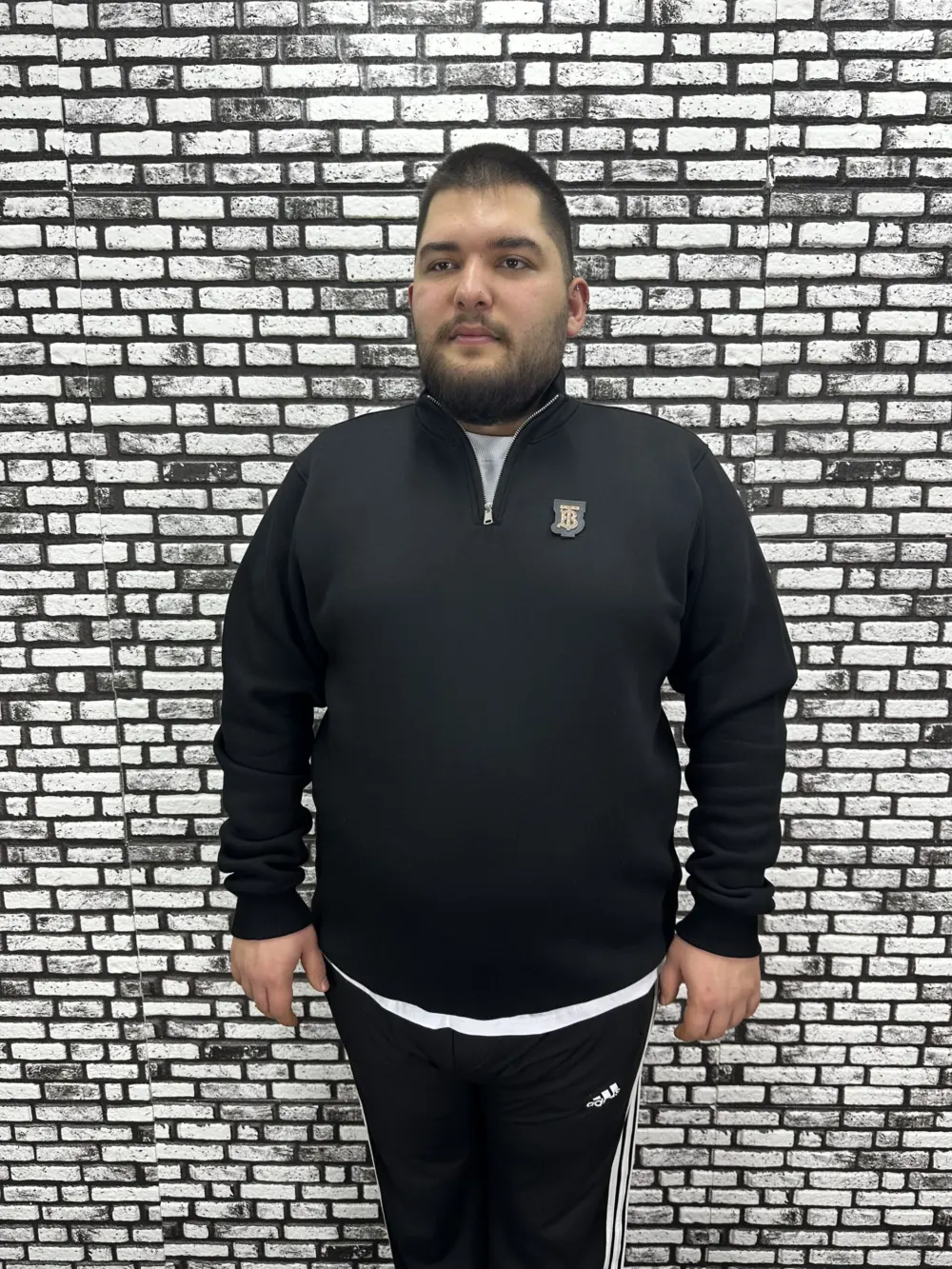3 İplik Şardonlu Erkek Büyük Beden Yarım Fermuarlı Sweat Dikiş Amblem