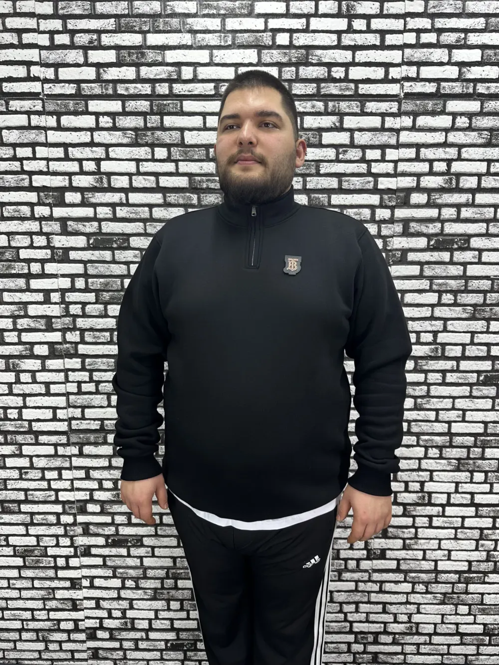 3 İplik Şardonlu Erkek Büyük Beden Yarım Fermuarlı Sweat Dikiş Amblem