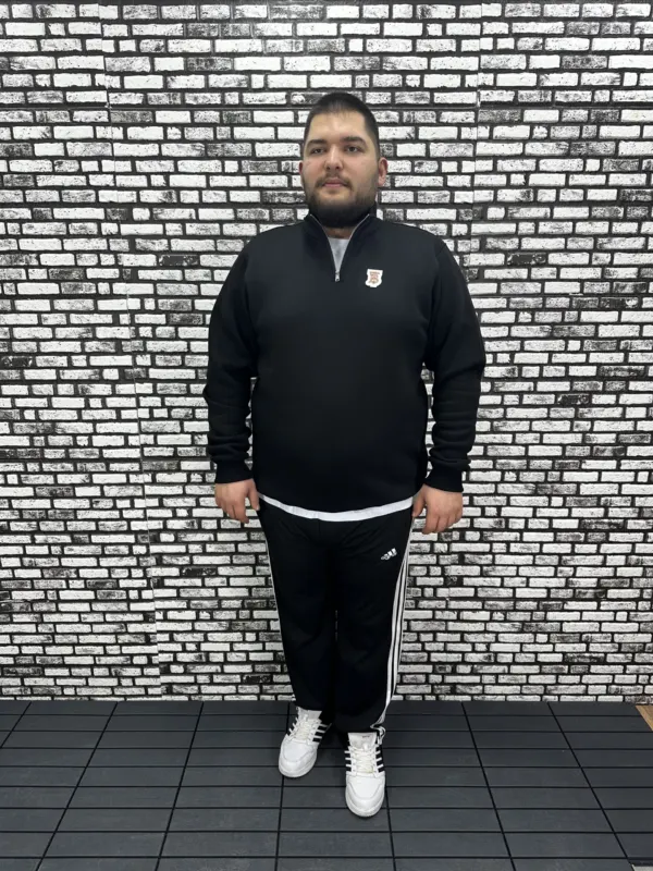 3 İplik Şardonlu Erkek Büyük Beden Yarım Fermuarlı Sweat Dikiş Amblem