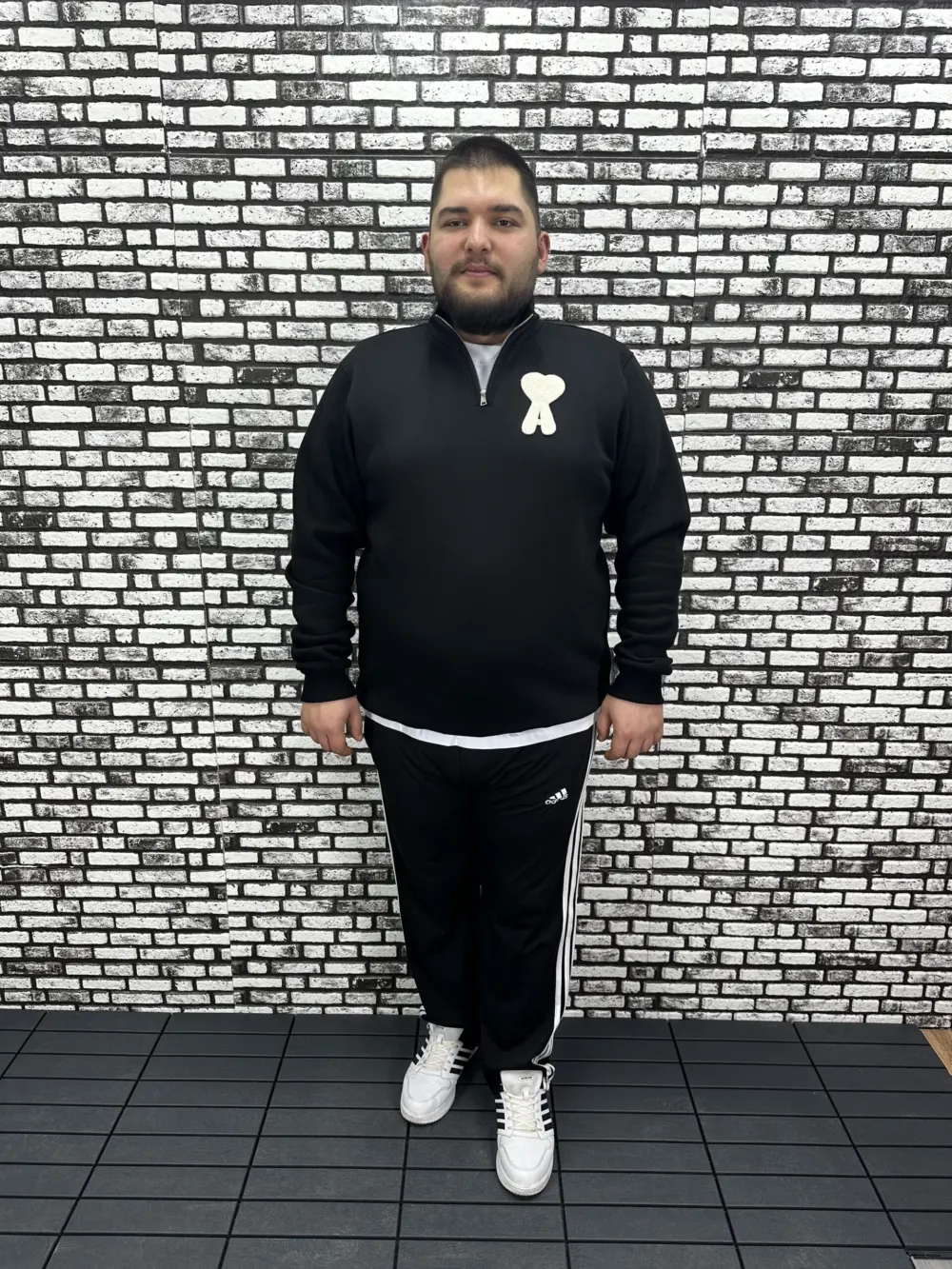 3 İplik Şardonlu Erkek Büyük Beden Yarım Fermuarlı Sweat Dikiş Amblem