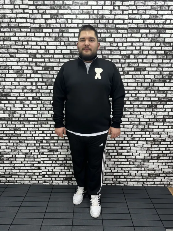 3 İplik Şardonlu Erkek Büyük Beden Yarım Fermuarlı Sweat Dikiş Amblem