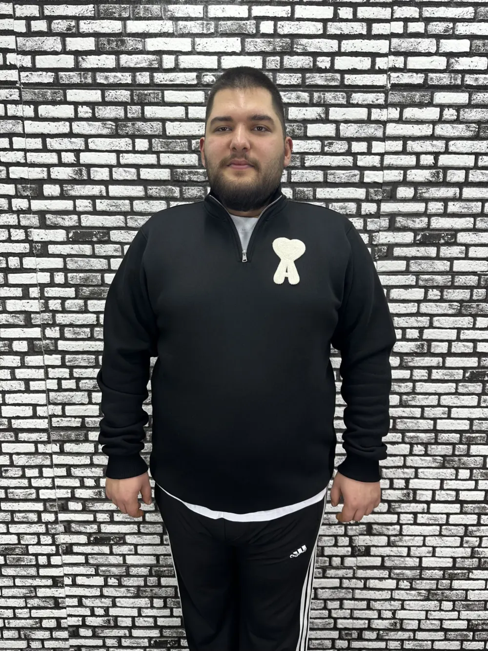 3 İplik Şardonlu Erkek Büyük Beden Yarım Fermuarlı Sweat Dikiş Amblem