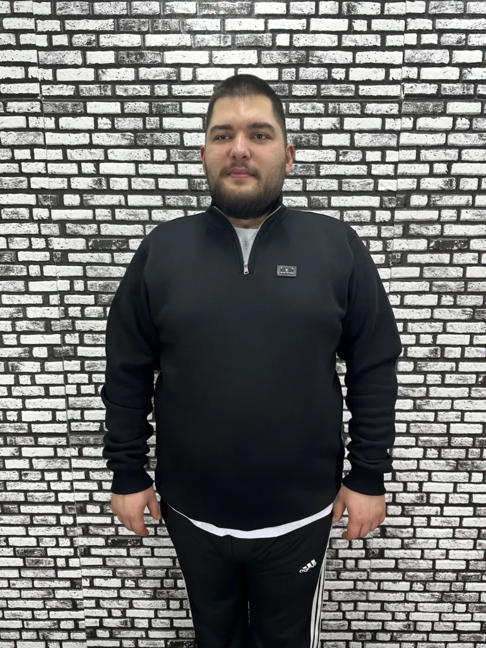 3 İplik Şardonlu Erkek Büyük Beden Yarım Fermuarlı Sweat Dikiş Amblem