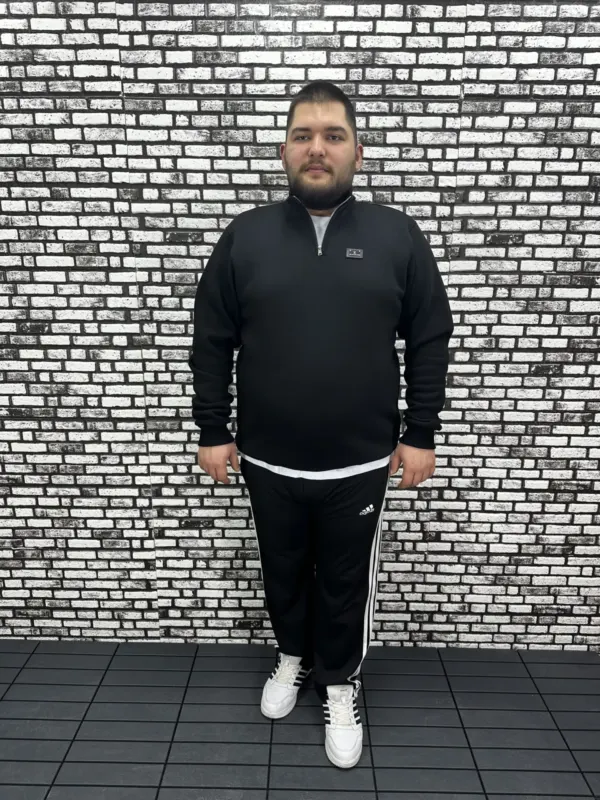 3 İplik Şardonlu Erkek Büyük Beden Yarım Fermuarlı Sweat Dikiş Amblem