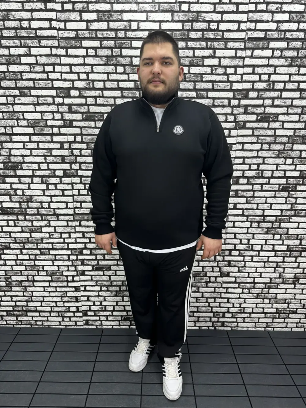 3 İplik Şardonlu Erkek Büyük Beden Yarım Fermuarlı Sweat Dikiş Amblem