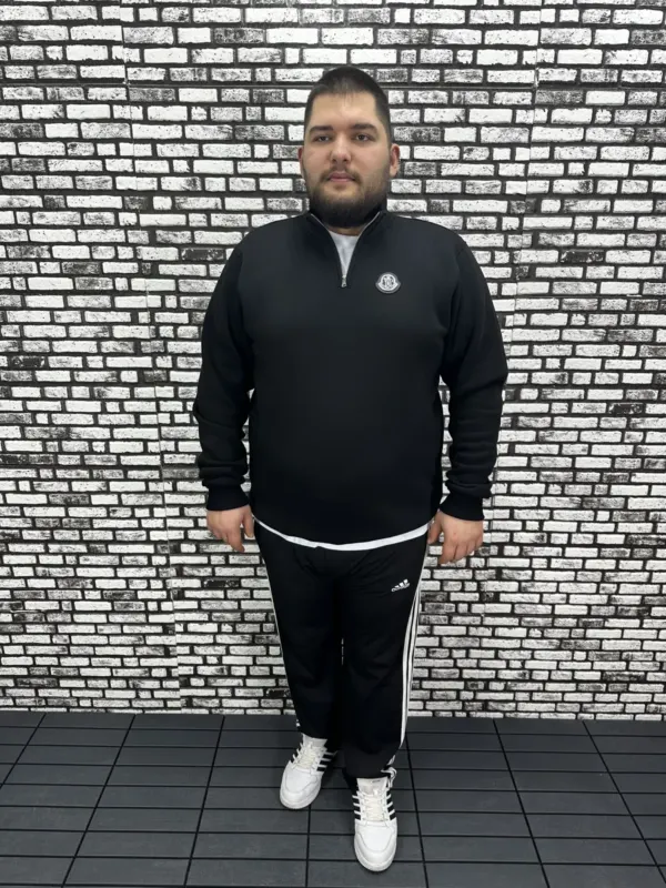 3 İplik Şardonlu Erkek Büyük Beden Yarım Fermuarlı Sweat Dikiş Amblem