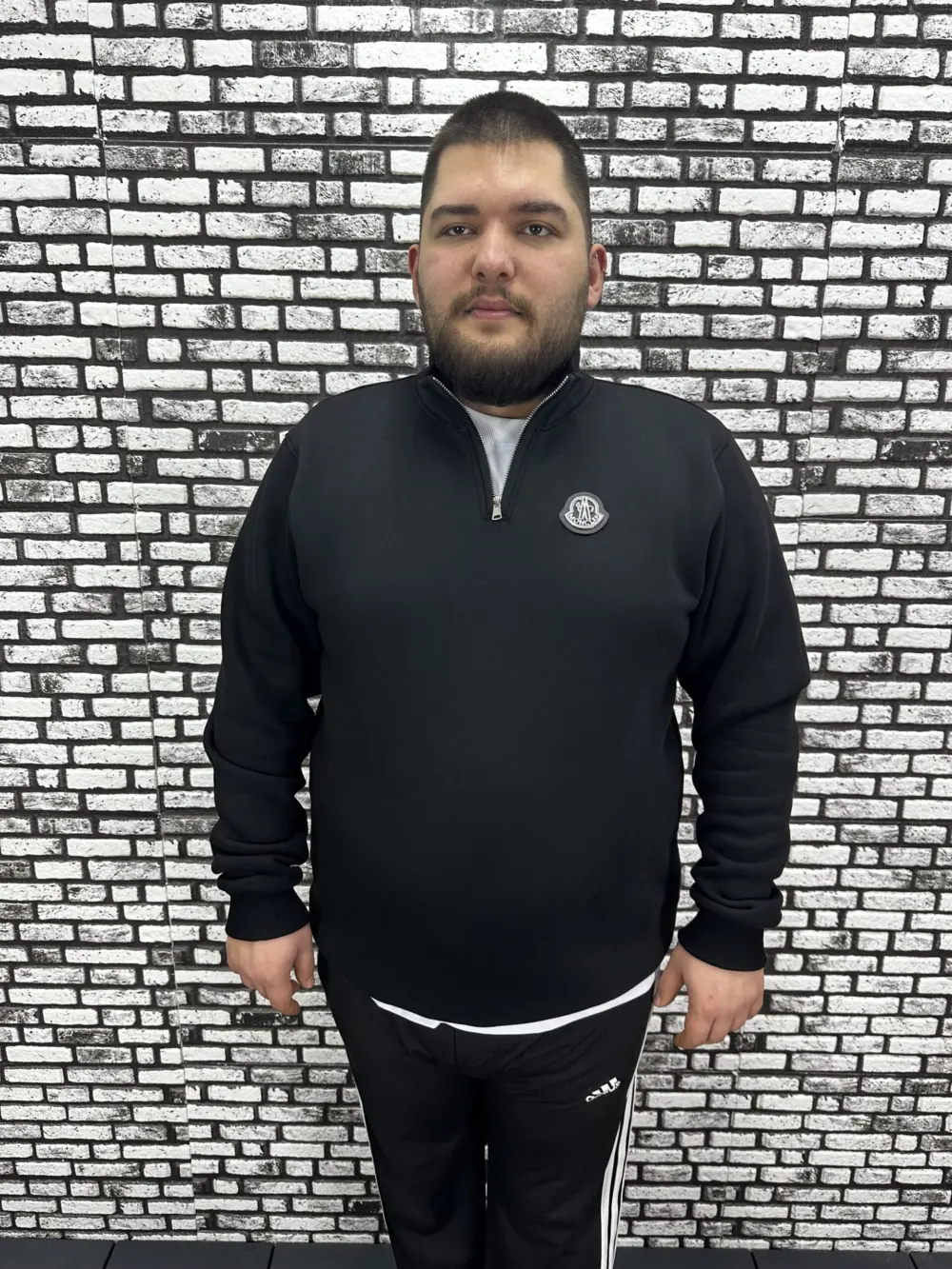 3 İplik Şardonlu Erkek Büyük Beden Yarım Fermuarlı Sweat Dikiş Amblem