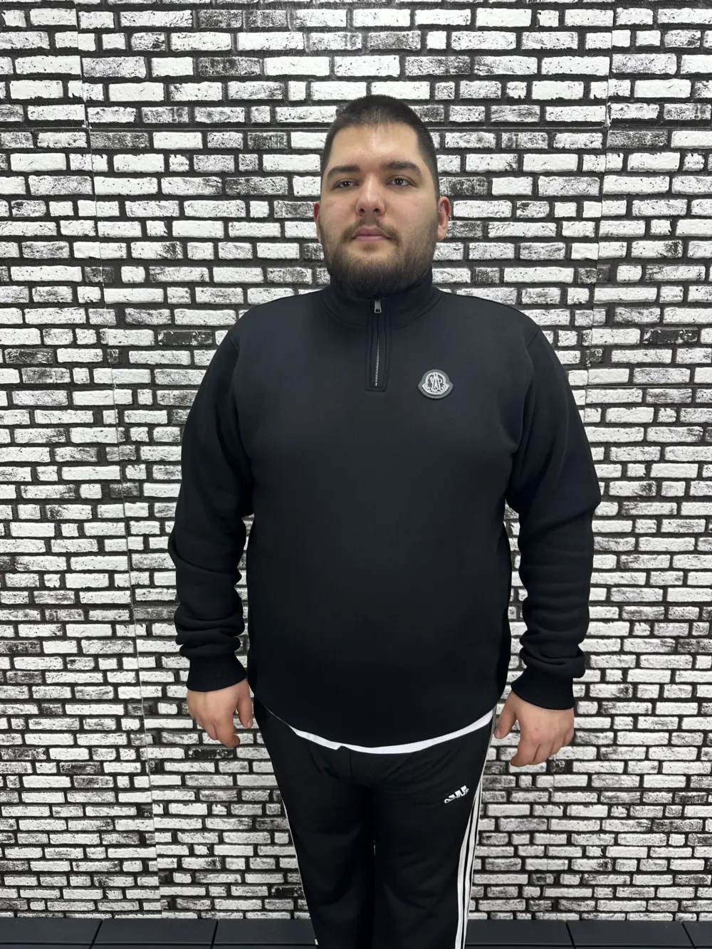 3 İplik Şardonlu Erkek Büyük Beden Yarım Fermuarlı Sweat Dikiş Amblem