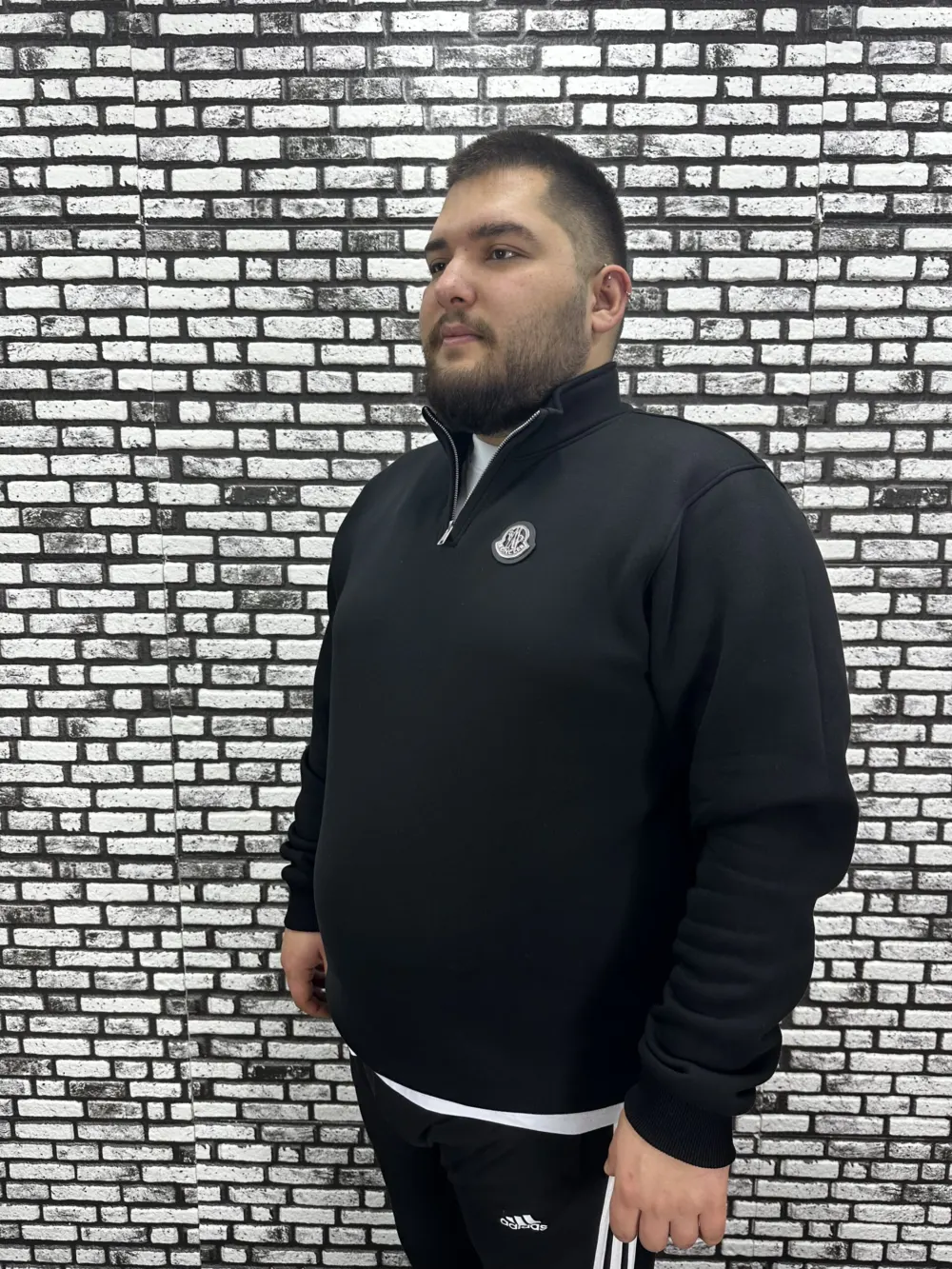 3 İplik Şardonlu Erkek Büyük Beden Yarım Fermuarlı Sweat Dikiş Amblem