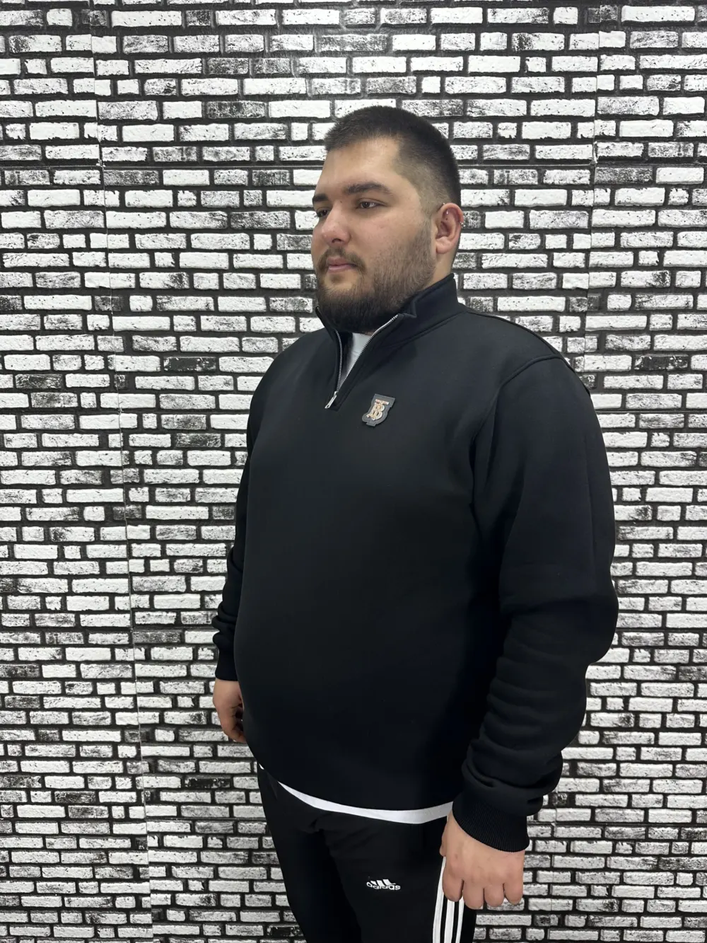 3 İplik Şardonlu Erkek Büyük Beden Yarım Fermuarlı Sweat Dikiş Amblem