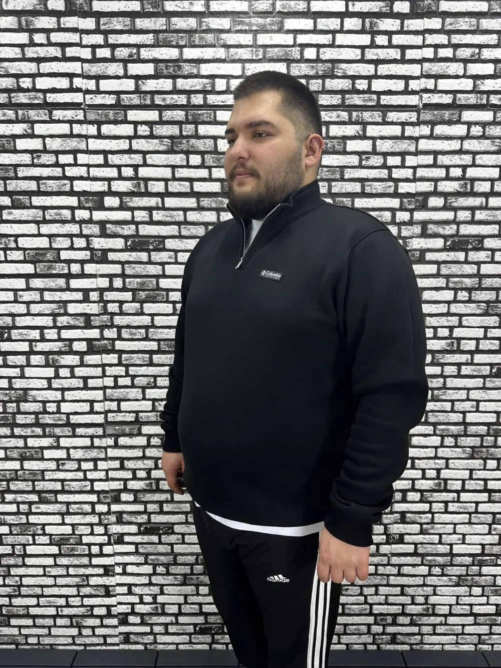 3 İplik Şardonlu Erkek Büyük Beden Yarım Fermuarlı Sweat Dikiş Amblem