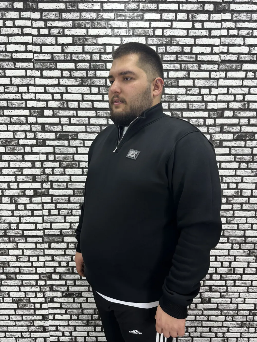 3 İplik Şardonlu Erkek Büyük Beden Yarım Fermuarlı Sweat Dikiş Amblem