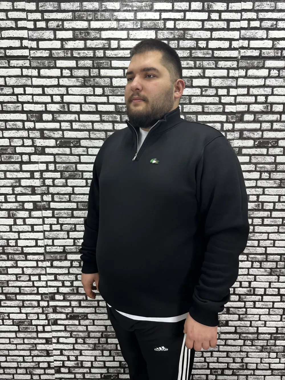 3 İplik Şardonlu Erkek Büyük Beden Yarım Fermuarlı Sweat Dikiş Amblem