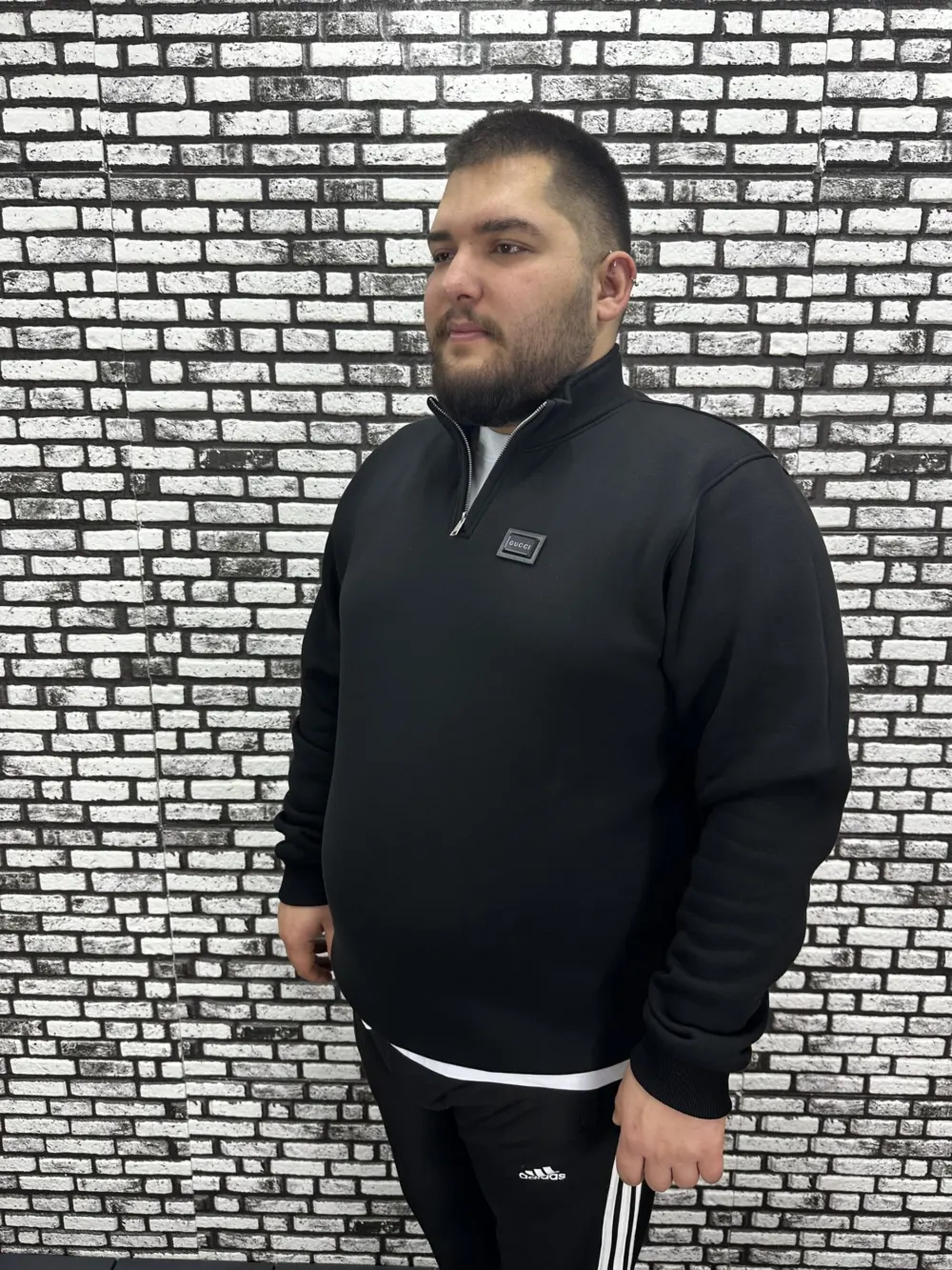 3 İplik Şardonlu Erkek Büyük Beden Yarım Fermuarlı Sweat Dikiş Amblem