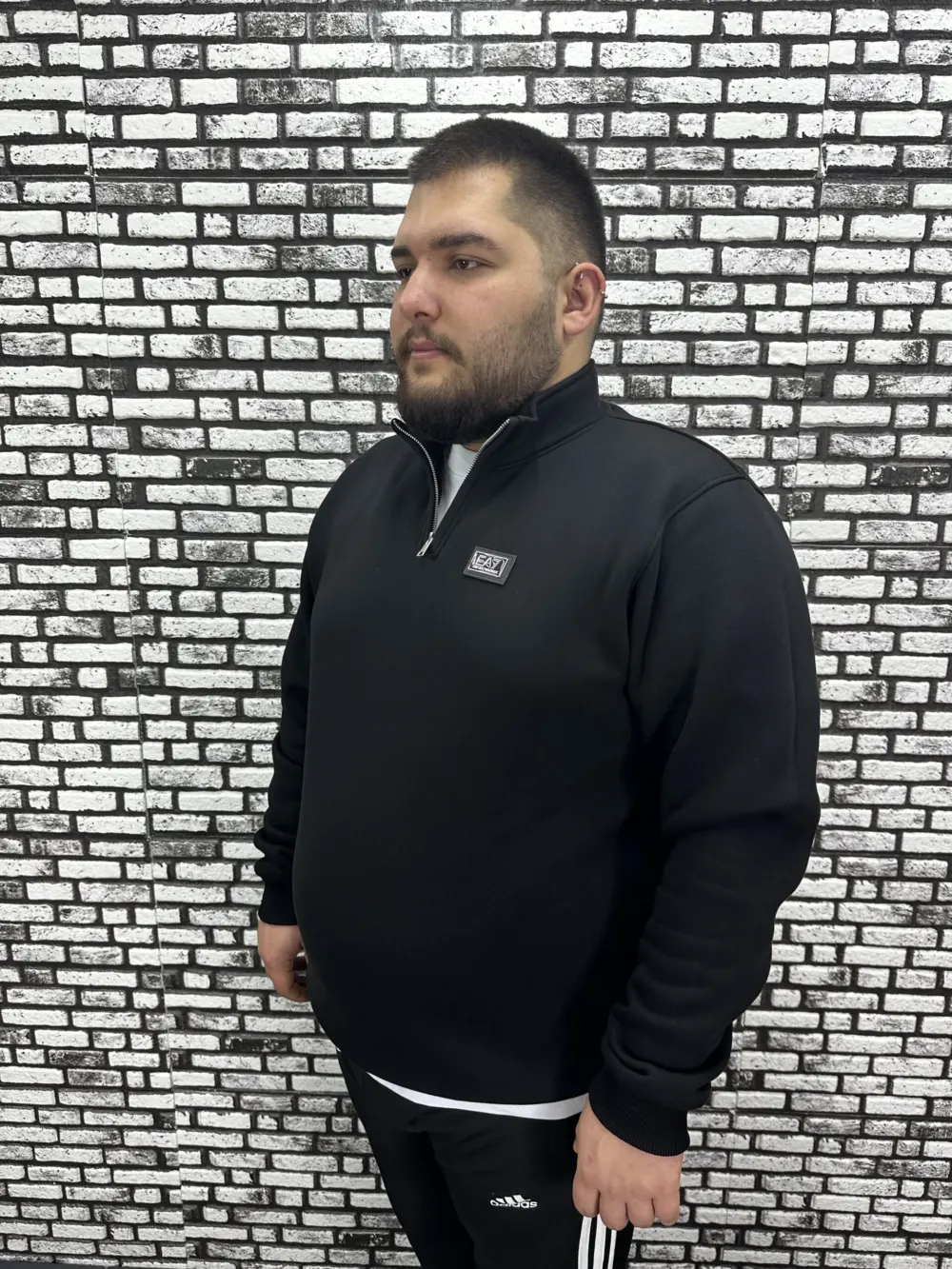 3 İplik Şardonlu Erkek Büyük Beden Yarım Fermuarlı Sweat Dikiş Amblem
